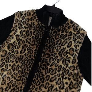 Vintage Lisa International Knit Sweater Womens S Black‎ Leopard Faux Front Zip